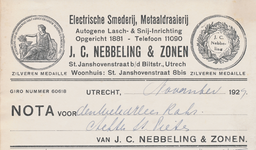 711804 Kop van een nota van J.C. Nebbeling & Zonen, Electrische Smederij, Metaaldraaierij, St. Janshovenstraat [3-6] ...